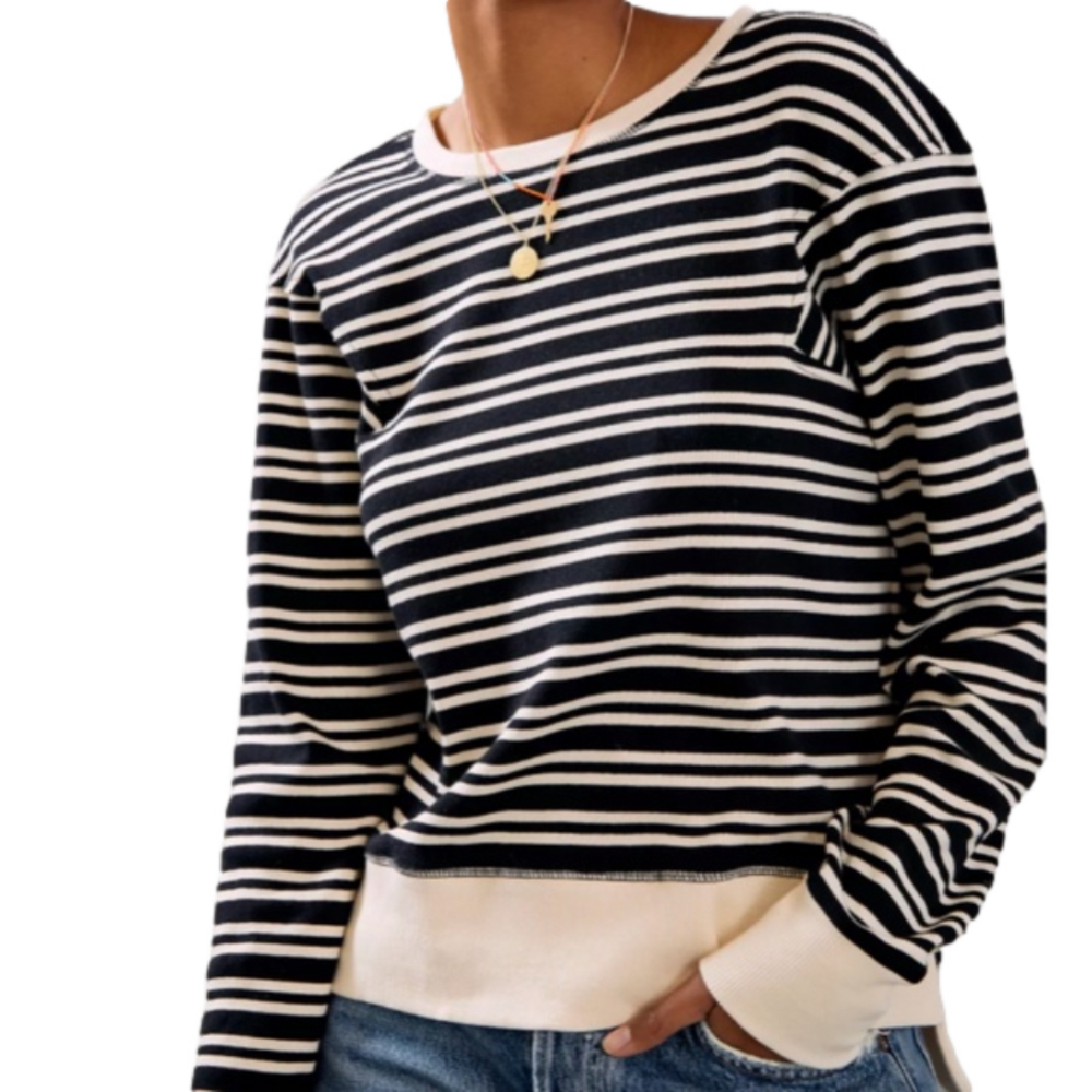 Maeve Black and White Striped Crew Neck Sweater